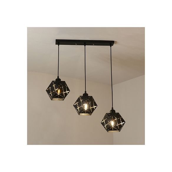 Geometric Hanging Lamp with Carved Metal Shade Industrial 3 Lights Kitchen Pendant Light