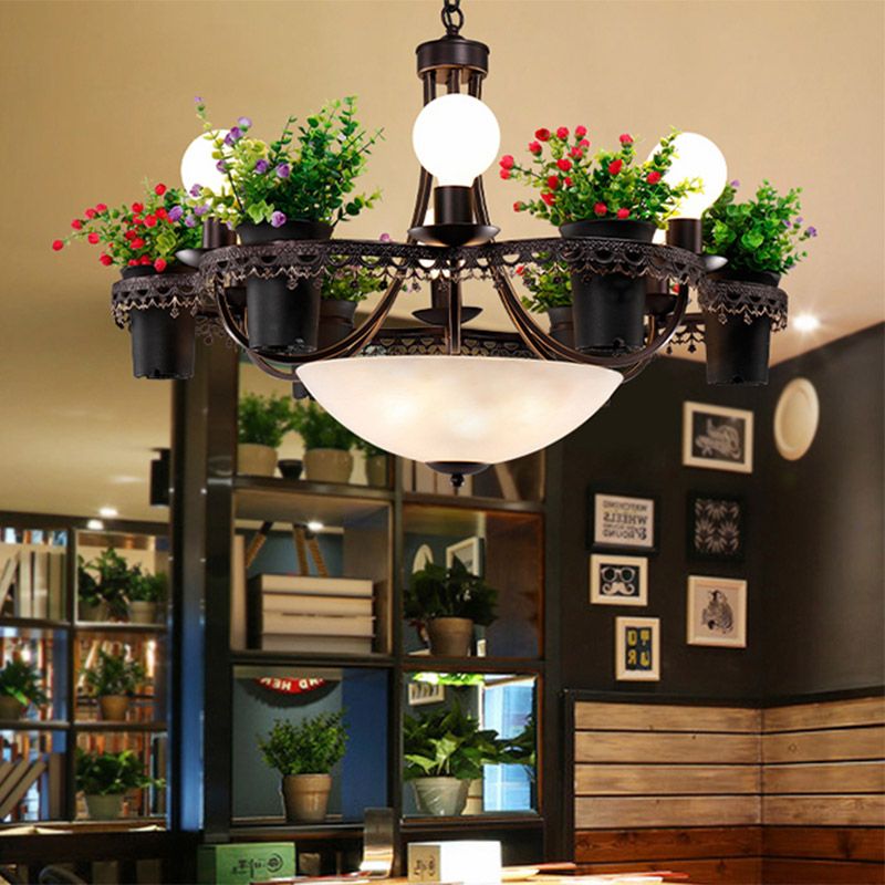 9 Lights Bare Bulb Chandelier Industrial Black Metal LED Flower Pendant Light for Restaurant