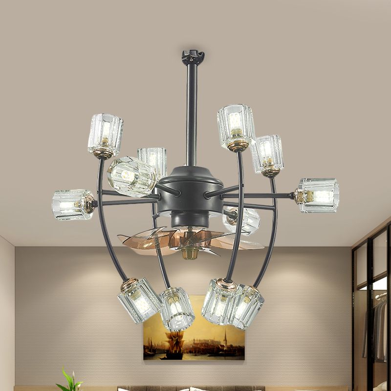 23.5 Wide 12 Bulbs Hanging Fan Light Traditional Scroll Frame Crystal Cylinder Shade 3 Blades Semi-Flush in Black