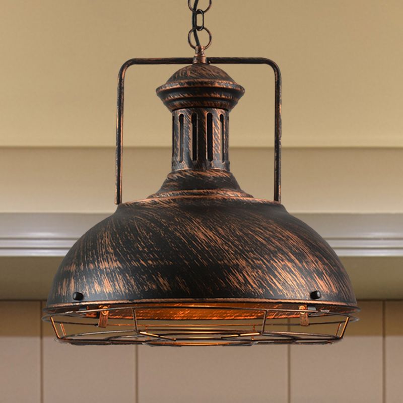 12"/14"/16" Dia 1 Light Pendant Light with Handle/Dome Shade Metallic Vintage Style Dining Room Hanging Lamp in Black/Rust