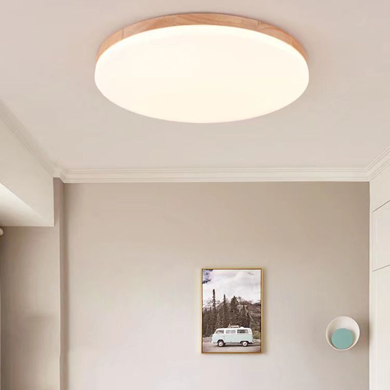 Modernism Single Beige Flush Mount Lighting Wooden Round LED Ceiling Light