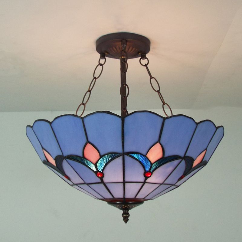 Tiffany Classic Blue Suspension Light Tulip Pattern Glass Chandelier for Adult Bedroom