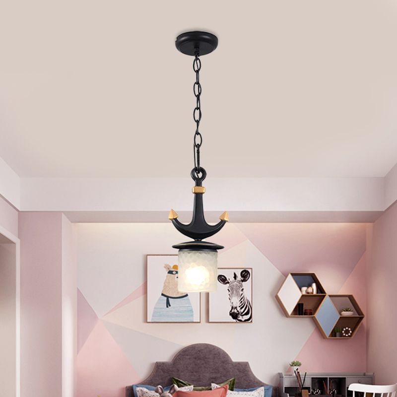 Bell/Cylinder Drop Pendant Mediterranean Cream Glass 1 Head Black Ceiling Light with Anchor Design, Small/Large