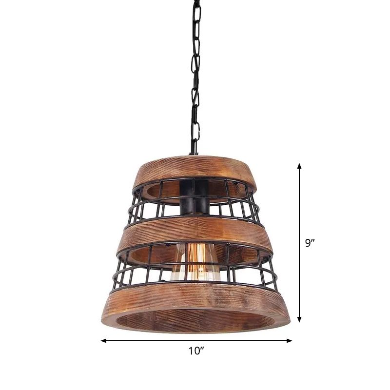 Tapered Kitchen Pendant Light Rural Metal 1 Head Dark Wood Suspended Lighting Fixture with Wire Guard