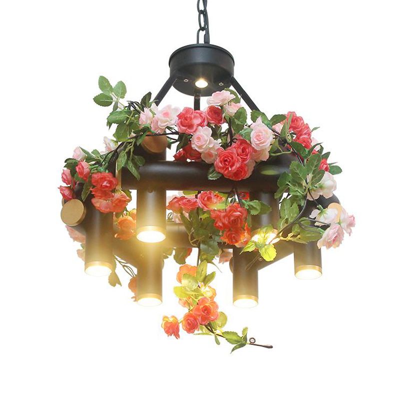 6-Light Chandelier Lamp Vintage Tubular Iron Down Lighting Pendant in Black with Artificial Flower