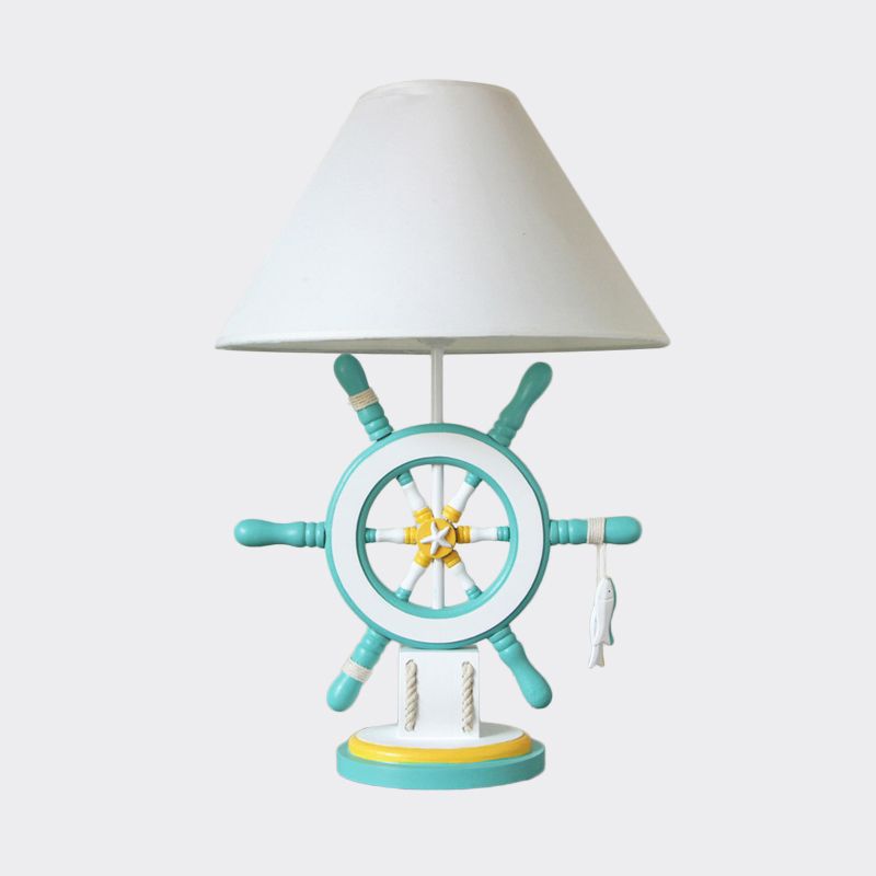 Rudder Wood Table Lamp Cartoon 1 Head Pink/Green Nightstand Lamp with Cone Fabric Shade for Bedroom