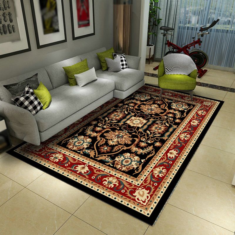 Alfombra gráfica de poliéster de poliéster marroquí negro alfombra lavable para sala de estar para sala de estar