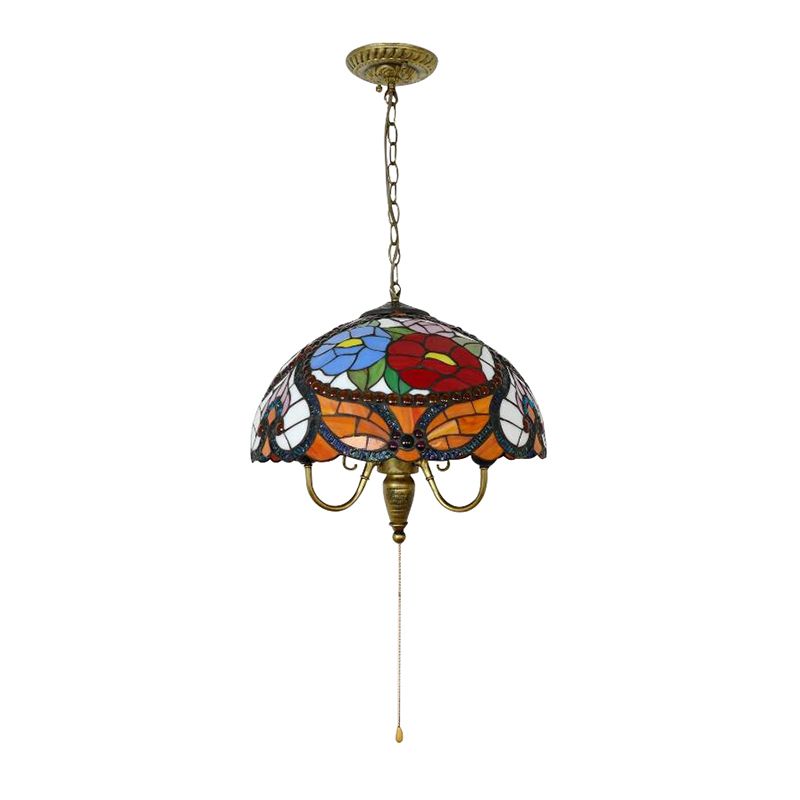 Victorian Bowl Pendant Lamp 3 Heads Black Stained Art Glass Ceiling Hanging Light with/without Pull Chain