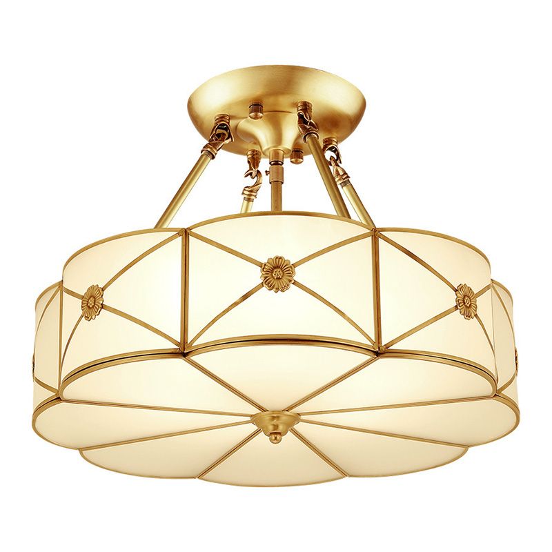 Gold Shaded Semi-Flush Ceiling Light Traditional Glass Living Room Semi Flush Mount Lighting