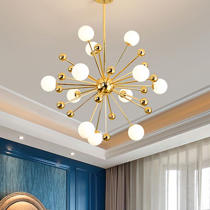 Designer Starburst Metal Chandelier Multi Lights Plafond Gold Plafond Lampe avec une teinte à billes en verre blanche, 23,5 "/31,5" / 39 "de large