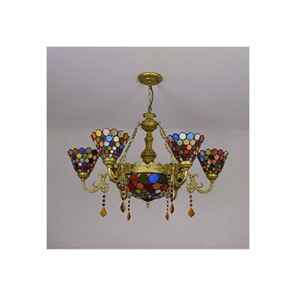 7 Lights Cone Hanging Light Tiffany Stained Glass Chandelier Light with Colorful Circle Pattern for Living Room