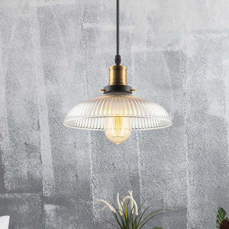 1-Light Ceiling Pendant Light Industrial Dome-Shaped Ribbed Glass Hanging Lamp for Coffee Shop in Brass