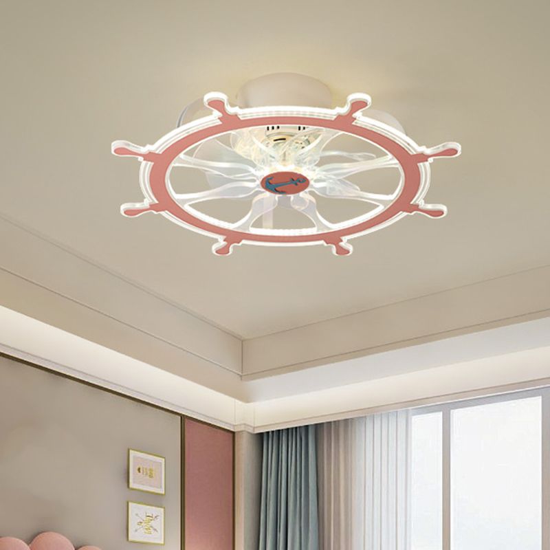 7 Blades Steering Wheel Semi Flush Ceiling Light Modernist Acrylic Nursery Room LED Pendant Fan Light in Pink/Blue, 23" Wide