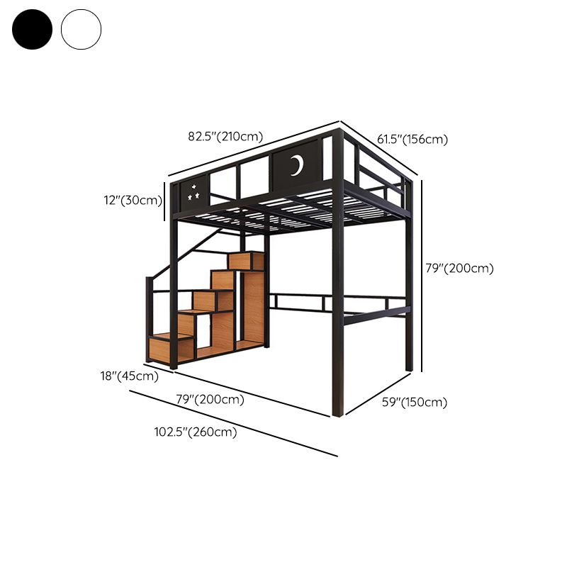 White/Black Loft Bed with Guardrail Metal Kids Bed with Staircase