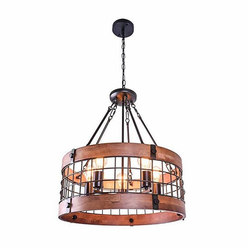 Industrial Vintage Drum Pendant Light Wrought Iron 5-Light Hanging Lamp for Dining Room