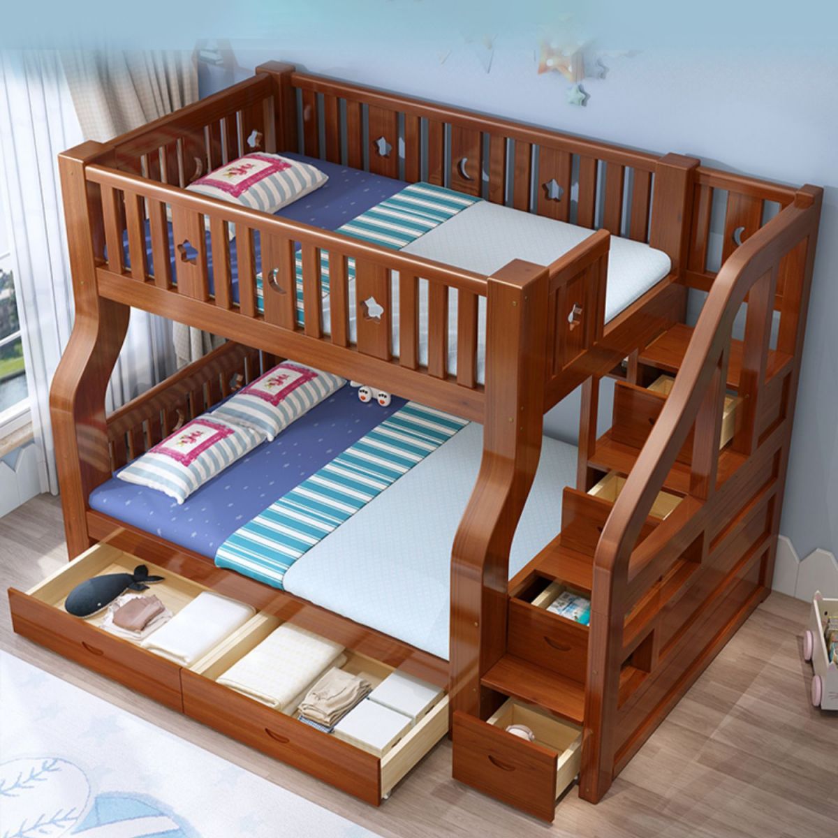 Traditional Standard Bunk Bed Twin & Single Kid's Bed with Book Shelf