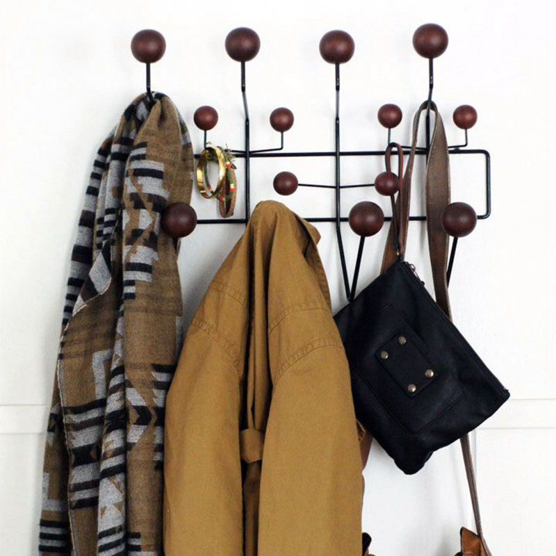 Industrial Hooks Punch-Free Metal Wall-Mounted Coat Rack with Wood Ball Decoration