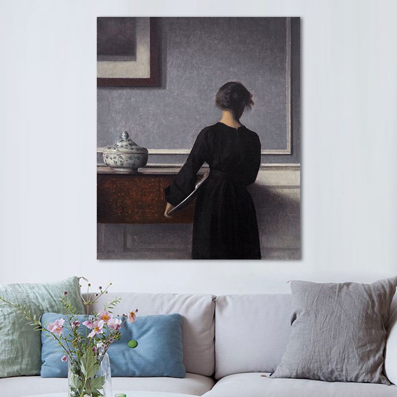 Hammershoi Woman Back Canvas Art Traditional Textured Surface Wall Decor in Dark Color