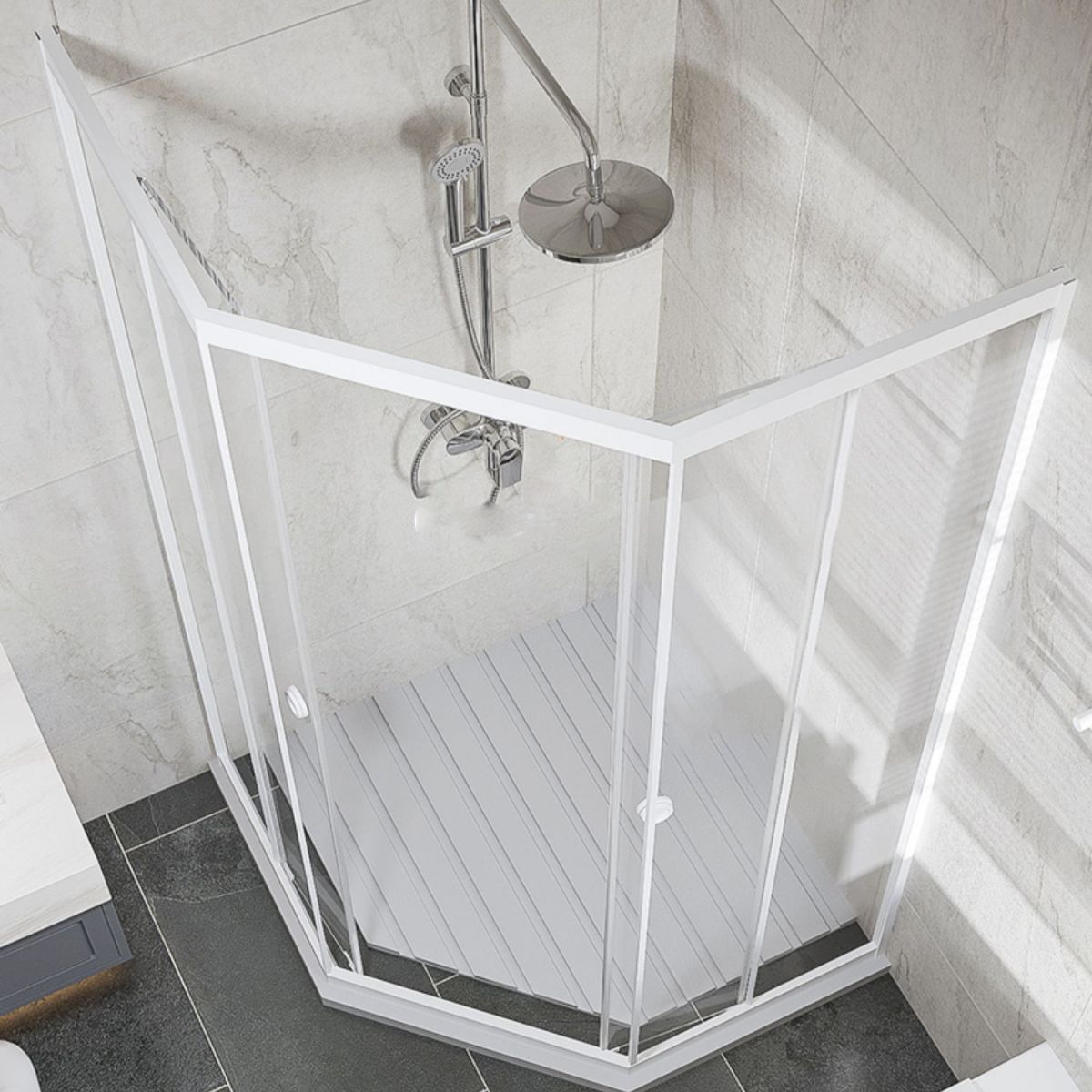 Neo-Angle Clear Tempered Shower Enclosure Framed Double Sliding Shower Kit