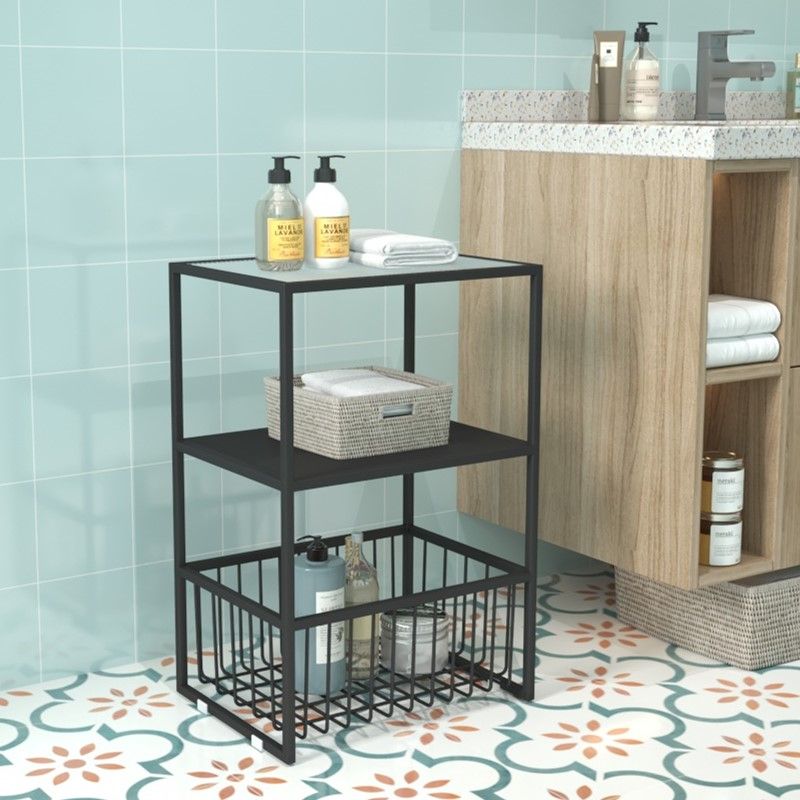 Industrial Bedside Cabinet Glass and Iron Nightstand for Bedroom