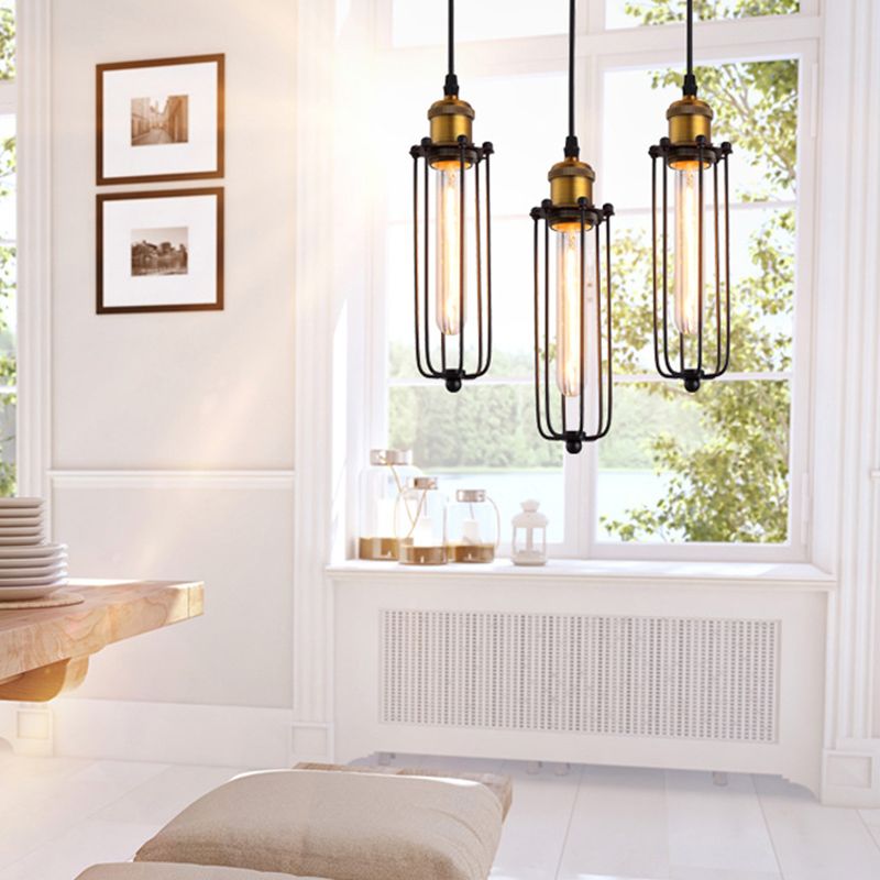 Vintage Industrial Cylindrical Wire Cage Pendant Light Black Metal Suspension Light  for Living Room