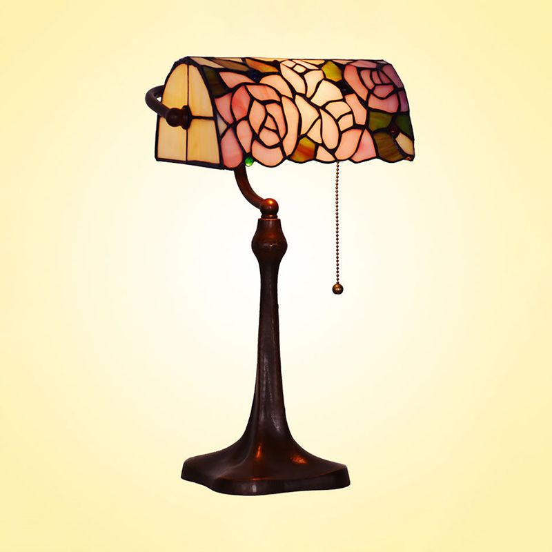 Rose Patterned Piano Lamp Mediterranean Stained Glass 1 Head Pink Pull Chain Desk Lighting