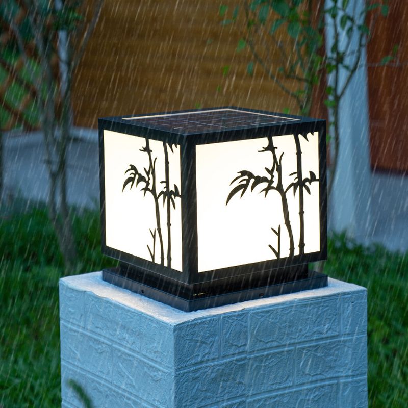 Square Shape Metal Pillar Lamp Modern Style 1 Light Solar Outdoor Light in Black