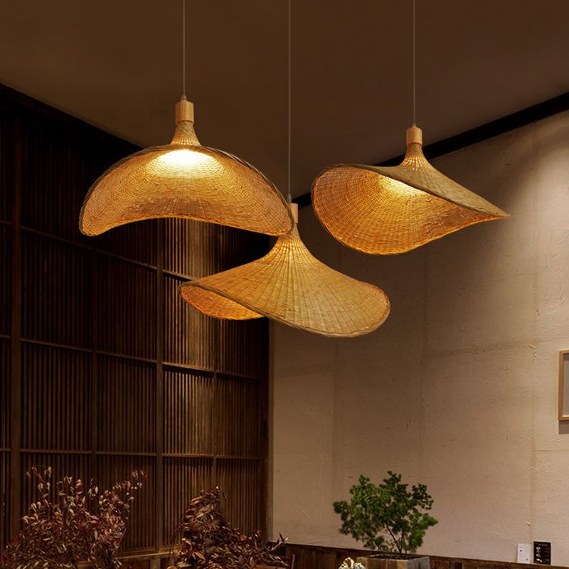 Asian Style Handmade Bamboo Weaving Modern Pendant Hat Shape Kitchen Pendant Lighting