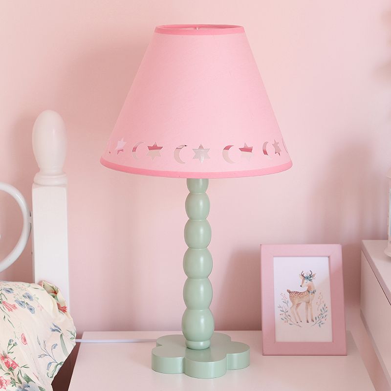 Kids Cone Table Lamp Fabric 1 Light Bedroom Night Light with Cutout Design and Wood Base in Pink/Pink and White/Pink and Green