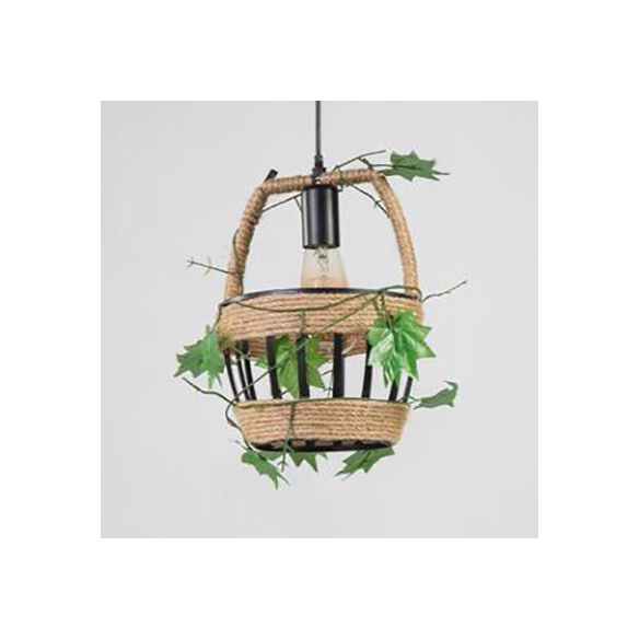 BEIGE 1 Light Hanging Lampy Style Country Metal and Rope Globe / Barrel Cage Pendant Lighting For Coffee Shop