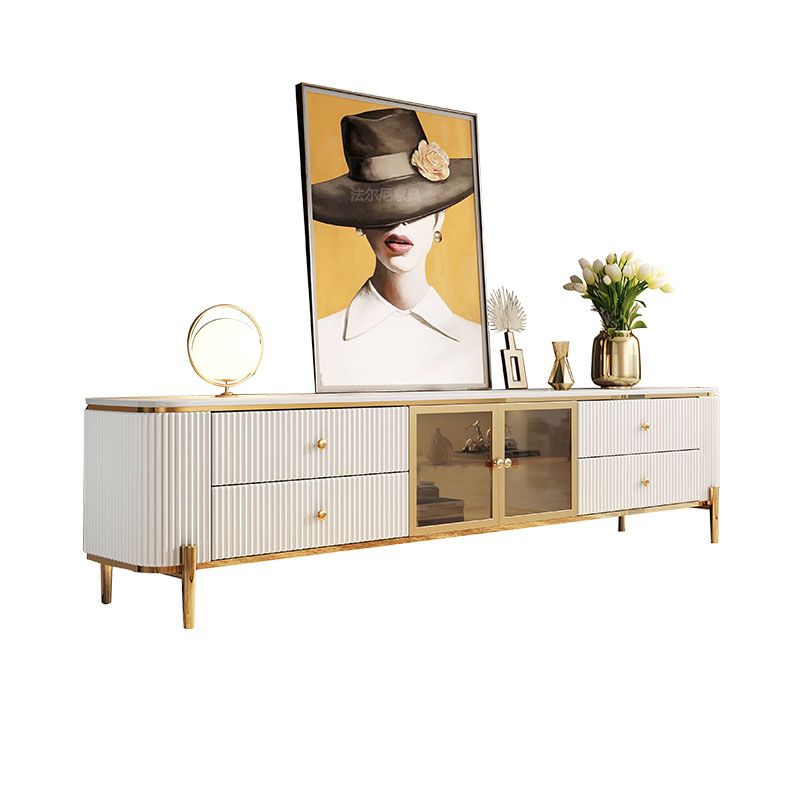 Glam White Stone Top TV Stand 4-Drawer TV Console with Stainless Steel Frame