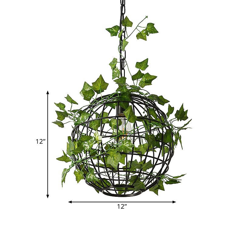 Industrial Style Globe Cage Ceiling Hang Fixture 1 Head Iron Pendulum Light with Artificial Plant Deco in Black