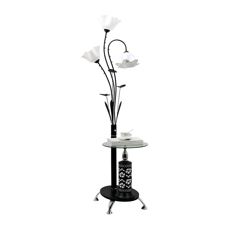 3-Light Metallic Floor Light Countryside Style Black/White Tree Design Guest Room Standing Up Lamp with Floral Shade