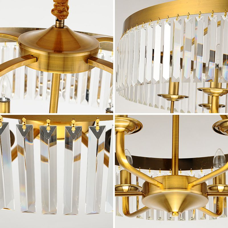 8 Lights Living Room Hanging Ceiling Light with Drum Crystal Block Shade Modern Brass Chandelier Light