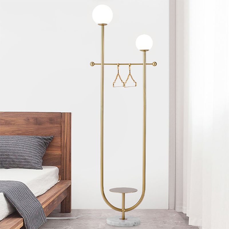 Spherical Standing Floor Light Postmodern Frosted Glass 2 Bulbs Gold U-Arm Standing Floor Lamp