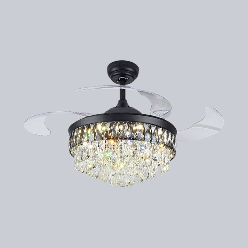 19" W Modern Tapered Semi Flush Mount Hand-Cut Crystal LED Parlor Pendant Fan Light in Black with 4 Blades