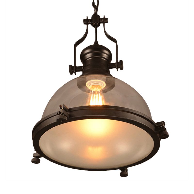 1-Light Dome Shade Pendant Lighting Fixture Industrial Black Clear Glass Hanging Ceiling Light with Trim Ring