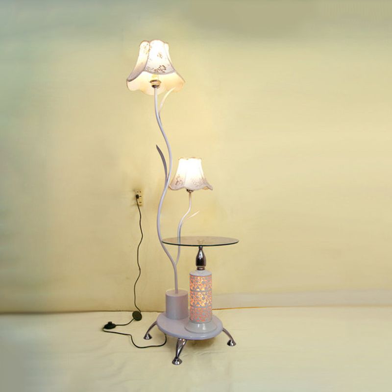 Black/White 2 Bulbs Floor Light Countryside Style Iron Branch Design Standing Lamp with Floral Shade