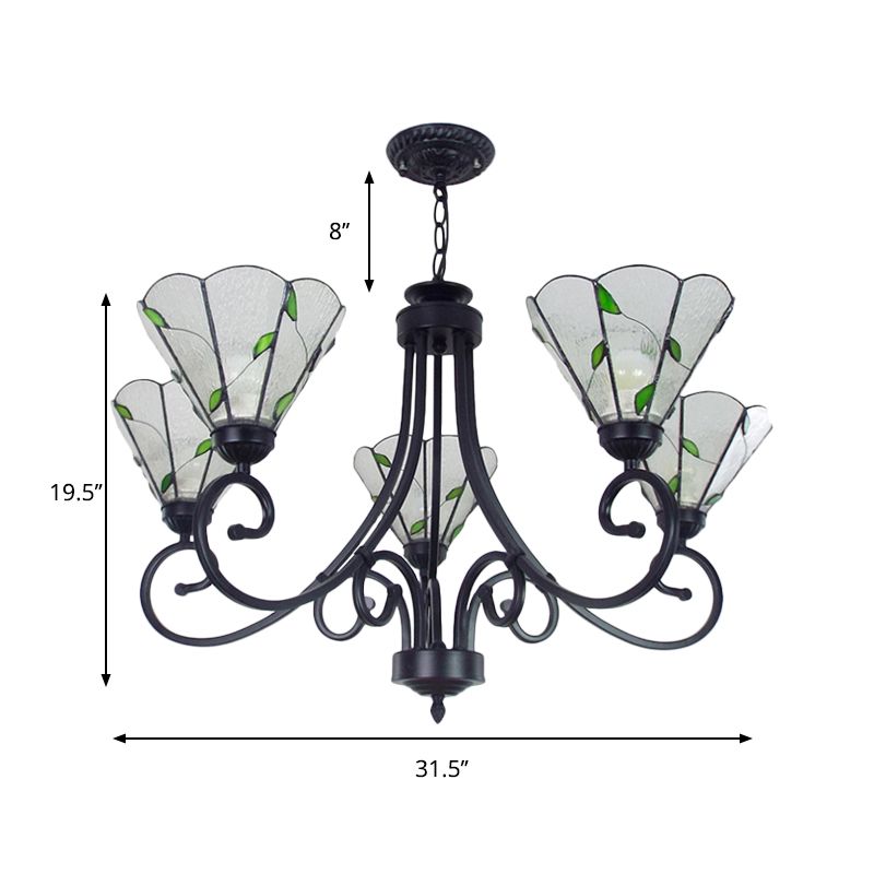 5 Lights Leaf Pendant Light with Clear Dimpled Glass Rustic Chandelier Lighting in Black Finish