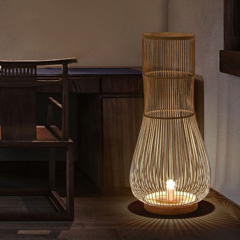 Fish Trap Bamboo Standing Light Minimalist Single-Bulb Brown Floor Lighting for Restaurant