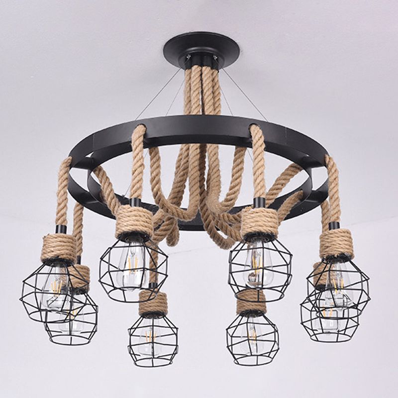 Beige Ceiling Hung Fixture Rustic Style Rope Caged Hanging Chandelier Light for Restaurant