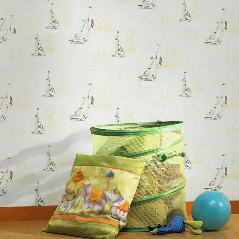 Novelty Sailboat Wallpaper Roll Soft Color Nautical Wall Art for Childrens Bedroom