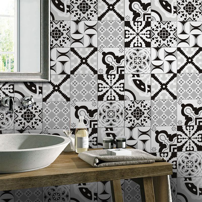 Grey Mosaic Tile Wallpaper Panel Set Floral Vintage Self Adhesive Wall Art for Home