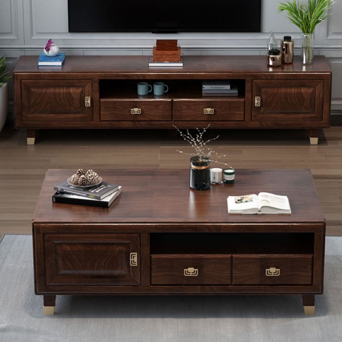 Mid-Century Modern Solid Wood Single Rectangular Coffee Cocktail Table with Storage