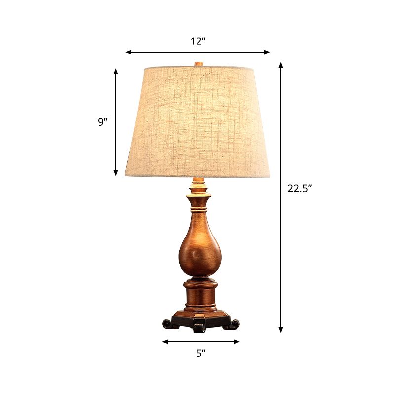 1-Head Night Lamp Vintage Tapered Fabric Table Lighting in Brown with Resin Vase Base