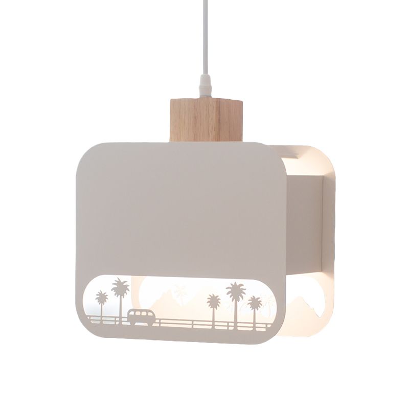 1 Bulb Kid Bedroom Hanging Light Kit Nordic White and Wood Pendant Lamp with Etched Square Iron Shade