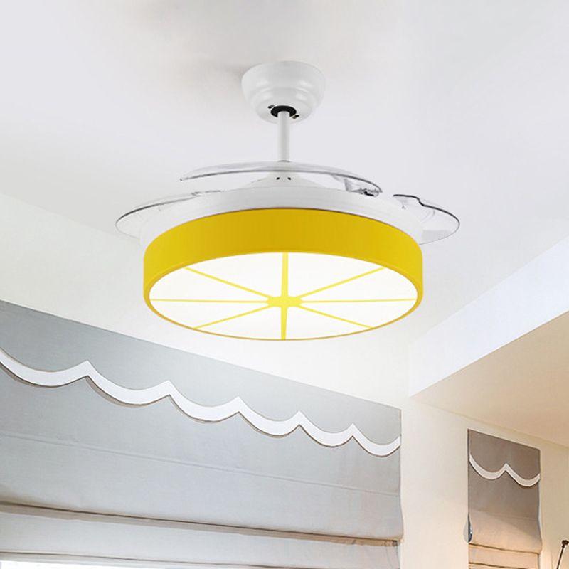 Minimalist Round Semi Flushmount Acrylic Bedroom LED Hanging Fan Light Fixture in Yellow with 3 Clear Blades, 42" Wide