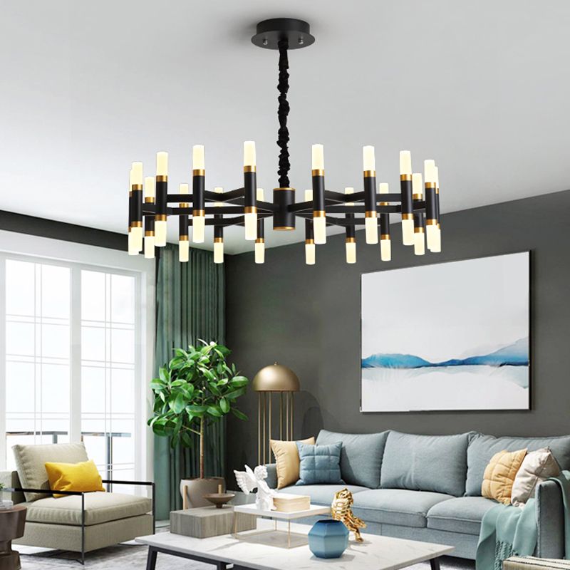 24/36/60 Lights LED Bedroom Chandelier with Tubular Iron Shade Modern Black/White Ceiling Pendant