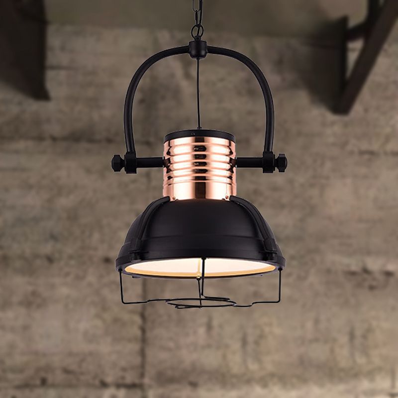 Matte Black 1 Light Pendant Light Industrial Metallic Dome Shade Ceiling Fixture with Glass Diffuser and Wire Cage