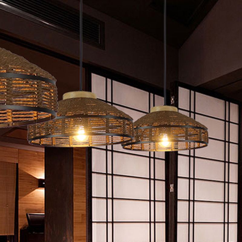 Brown Barn Shade Pendant Light Rustic Single Light Woven Rattan Suspension Lamp with Wooden Cap for Restaurant